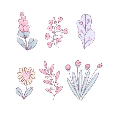 Sevgililer Günü davetiye kartları ve sayfa dekorasyonu için Düz Vektör illüstrasyonu, Sevgililer Günü konseptinde belirlenmiş büyük izole edilmiş aşk unsurları koleksiyonu