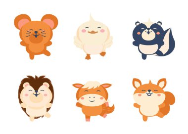 Beyaz arka planda farklı bir vahşi hayvan stili. İzole nesneler, rüzgarlı illüstrasyon.