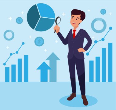 Pozitif iş adamı iş fikrini gösteriyor. Elinde büyüteç tutan adam, şeffaf bir arkaplanda kurumsal elementler..