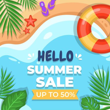 Yaz zamanı kumsal konsepti. Yüzme, kum, deniz, yaprak yıldızı balığı ve terliğiyle deniz manzarası. Sahildeki deniz ve tipografinin yaratıcı arka planı. Vektör düz resimleme