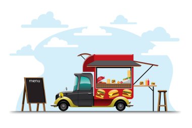 Hamburger menüsü, ahşap sandalye, arabanın yanında pankart hamburger, vektör illüstrasyon.