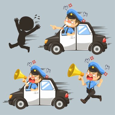 Bir grup polis, karikatür karakteri içinde bir hırsızı yakalamak için araba kullanıyor, izole düz vektör çizimi. 