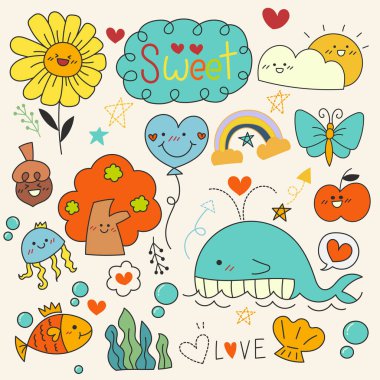 El çizimi karakterler, hayvanlar ve vektör elementleri açık beyaz arka planda. Vektör illüstrasyonu.