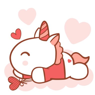 Büyük, izole edilmiş el çizimi çizgi film karakteri tasarımı tek boynuzlu at aşık, karalama tarzı sevgililer günü konsepti hayvan düz vektör çizimi