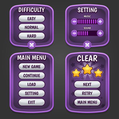 Grafiksel kullanıcı arayüzü arayüzü arayüzünün tam menüsü. Ekranlar, kaynak çubukları, set oyunları için simgeler. Seviye seçimi, duraklama, güncelleme, ok, uygulama alımı. Vektör illüstrasyonu