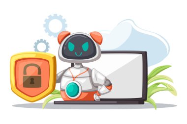 Set of android character robot security cartoon style futuristic machine for home use. Vector isolated futuristic cybernetic objects technology isolated vector illustration.