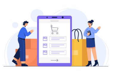 Cep telefonu siparişi ürünü paket ve shpping bag ile vektör illüstrasyon çevrimiçi alışveriş kavramı.
