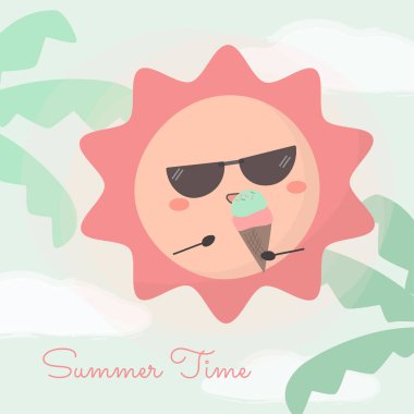 Güneş gözlüğü takmış, dondurma yiyor, sahilde dinleniyor. El çizimi biçimi düz vektör çizimi, Çizgi film karakterinin yaz zamanı konsepti