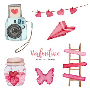 Valentines Day set elements, camera, butterfly, ladder, and more. Template for Sticker kit, Greeting, Congratulations, Invitations, Planners. Vector illustration