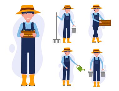 Farklı eylemleri olan, izole edilmiş vektör illüstrasyonu olan karikatür karakterindeki çiftçi ya da tarımcı grubu.