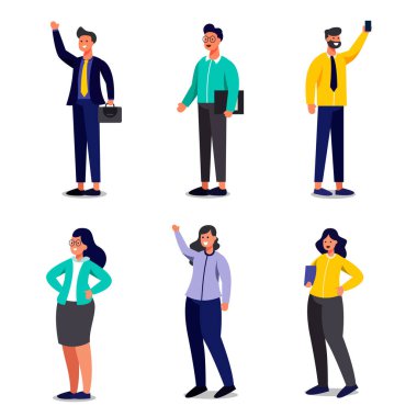 Farklı jestleri olan, izole edilmiş düz vektör illüstrasyonu olan çizgi film karakterleri içinde çalışan iş adamları.