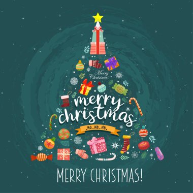 Mutlu Noeller Noel ağacına süslenmiş renkli hediye kutularıyla.