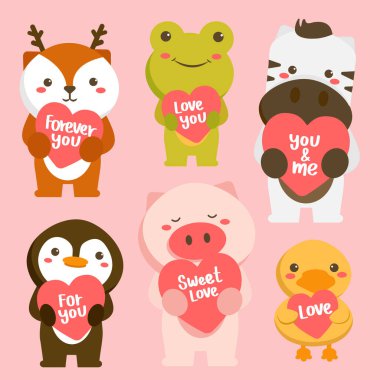 Big isolated vector set with animals in cartoon style with love sign. Vector collection for valentine day celebration. Light color background.