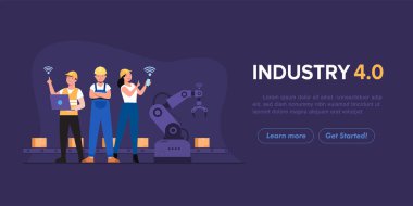 İnsan yapımı bilgisayar kullanarak procuction sektöründe çalışan robot kolları kontrol eder. Akıllı fabrika endüstrisi 4.0, yüksek teknoloji makineleri, izole edilmiş düz çizimler.