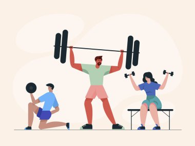 Sporcuların vektör illüstrasyonu. Spor Salonu Vücut Geliştirme Egzersizleri Spor Salonu. Halterli atletik adam ve spor salonunda halterli kadın..