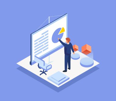 Toplantı odasında, iş konseptinde, Isometric vektör illüstrasyonunda, sanal istatistiklere bakan genç işadamı grafiği