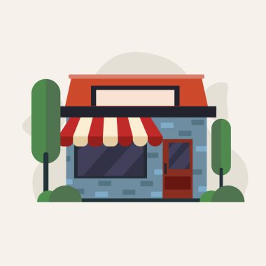 Caddedeki büyük vitrinli bir dükkan. Ticari Küçük İş Gayrimenkulleri. Cephe İnşaat. Şehir Mimarisi. Dükkan 'ın dış cephesinde. Vektör İllüstrasyonu