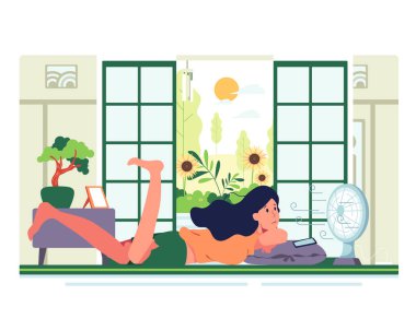 Sıkıcı bir tatil Uzan ve pervanenin önünde cep telefonunu çal 