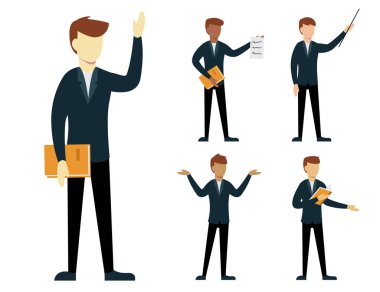 Çizgi film karakterlerindeki iş adamları farklı eylemler, izole edilmiş vektör çizimleri