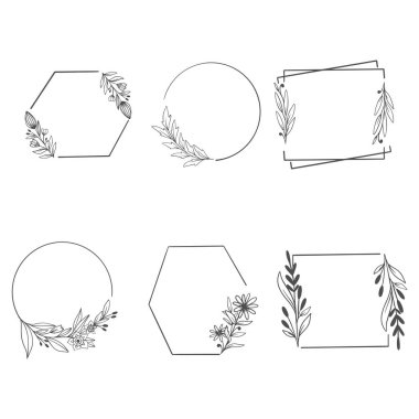 Çiçek süsü ile dekoratif çerçeve. Düğün davetiyesi çiçekli çelenk tasarımı asgari düzeyde. Süs eşyalarıyla dolu bir vektör şablonu. Vektör illüstrasyon düz tasarım