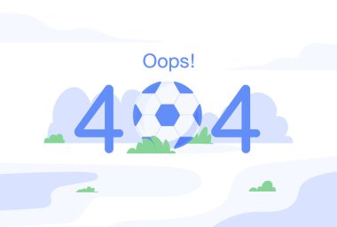 Internet network warning 404 Error Page or File not found for web page. Internet  error page or issue not found on network. 404 error present by lost soccer ball. clipart