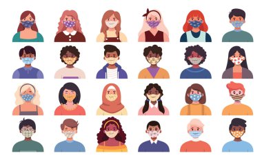 Various races, both men and women, are careful to prevent covid-19 by wearing masks to hide their faces in human communication. Avatar portrait with face mask clipart