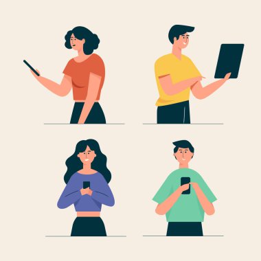 İnsanlar çizgi film karakterleri teknoloji koleksiyonu kullanır. Kadın ve Erkek Karakterler Smartphone kullanır, Sohbet eder, Selfie çeker ve Mobil Uygulama Müzik dinler. Vektör düz resimleme