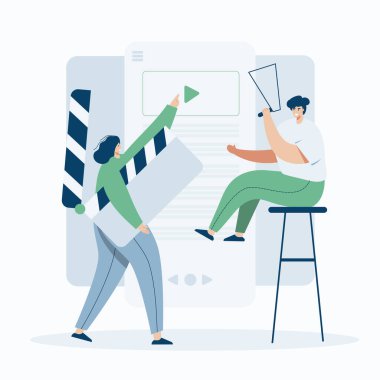 Cep telefonu, iniş sayfası, şablon, UI, web, mobil uygulama, poster, afiş, düz vektör illüstrasyonu için video grafikeri, çizgi film tarzı Screen web şablonu ile çalışıyor