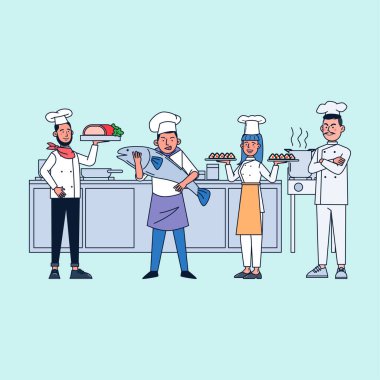 Mutfakta şef, asistan, garson, aşçı gibi birçok departmanı olan büyük bir restoran ekibi var..