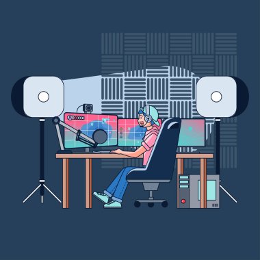 Blogcular dünya çapında izleyicilerin izlediği kanallarda canlı oyun oynuyorlar. Oyun blogcuları oyuncular arasında çok popülerdir. düz vektör çizimi