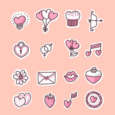 Sevgililer Günü davetiye kartları ve sayfa dekorasyonu için Düz Vektör illüstrasyonu, Sevgililer Günü konseptinde belirlenmiş büyük izole edilmiş aşk unsurları koleksiyonu