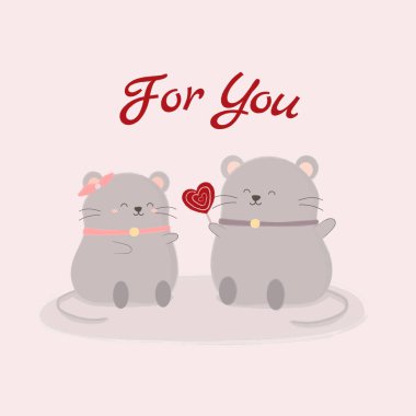 vector illustration of a mouse couple holding a candy illustration. two mouse sitting beside each other. flat design seals. animal wallpaper.