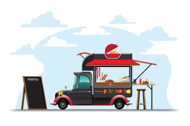 Barbekü ızgara menüsü, ahşap sandalye, yan ve arabanın pankartı ve modeli, vektör illüstrasyonlu yemek kamyonu manzarası.