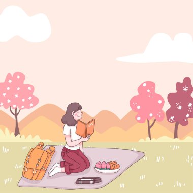 Doğa parkında genç kadın pikniği, oturup kitap okuyor, sırt çantası ve tepside meyve, çizgi film karakteri düz vektör çizimi.