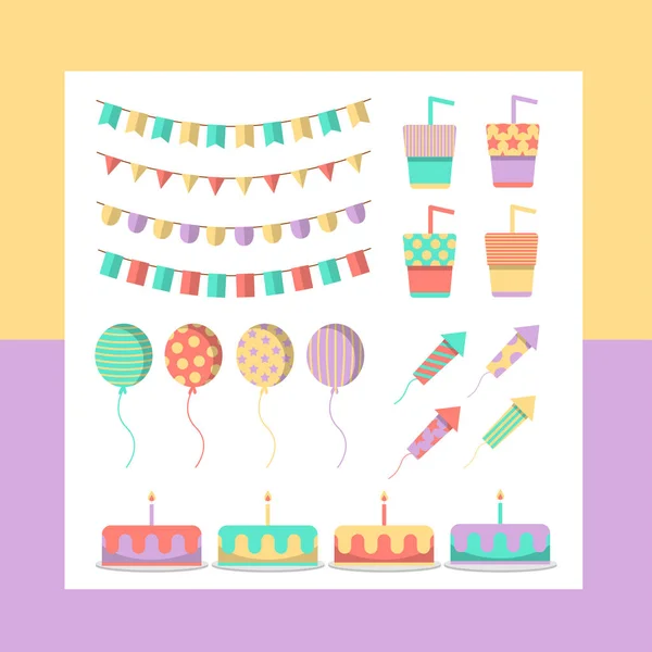 Big Bundle Isolated Vector Elements Birthday Party Decoration Calibration Flat — Stock Vector