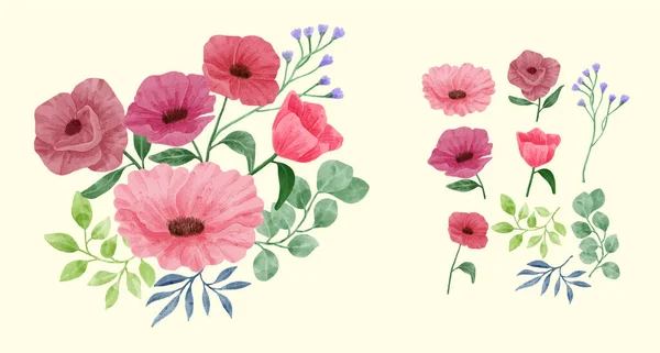 Zestaw Kwiatów Pomalowany Akwarelą Dla Różnych Kart Kartek Okolicznościowych — Wektor stockowy