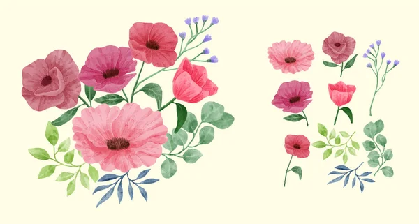 Ein Satz Blumen Gemalt Aquarell Für Verschiedene Karten Und Grußkarten — Stockvektor