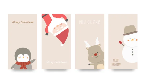 Conjunto Cartas Verticales Constan Santa Pingüino Reno Muñeco Nieve — Vector de stock