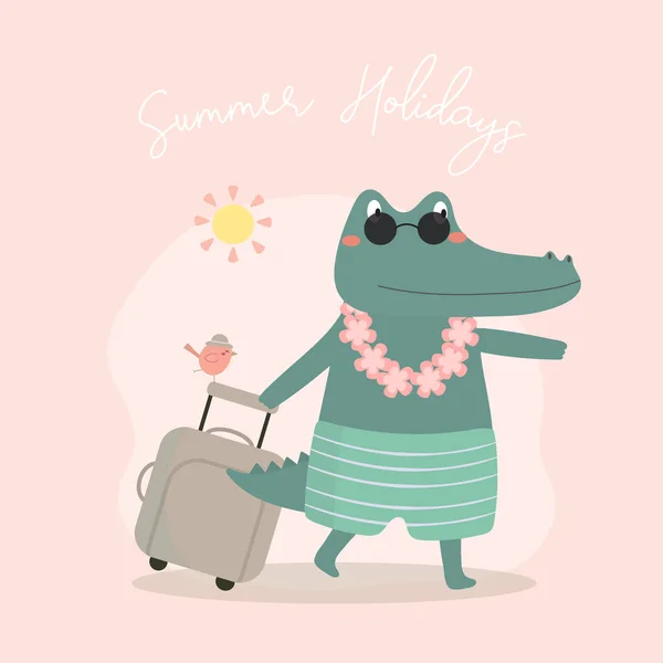 Krokodil Hawaiianischen Outfit Und Reisetaschen Sommerurlaub Handgezeichnete Flache Vektorillustration Cartoonfigur — Stockvektor