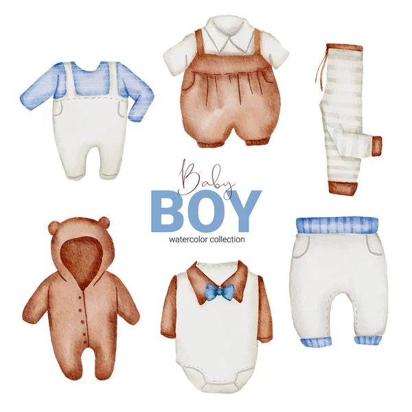 一套独立的部件 把漂亮的衣服 婴儿用品和水彩画风格的玩具组合在一起 白色背景 水彩画 — 图库矢量图片