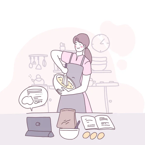 Mutfakta Yemek Pişiren Bir Kızla Vektör Düz Çizim — Stok Vektör