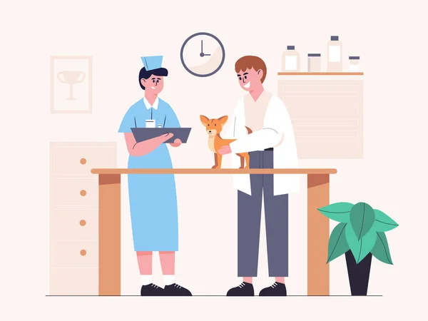 Veterinario Está Examinando Salud Del Perro Clínica Hay Una Enfermera — Archivo Imágenes Vectoriales