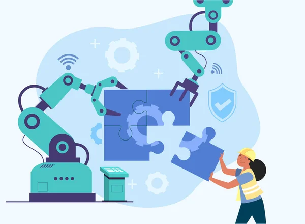 İnsan ve robot kolu, endüstrideki bulmaca parçalarının birleştirilmesine yardımcı oluyor. 4.0 İnsan ve robot kolu.