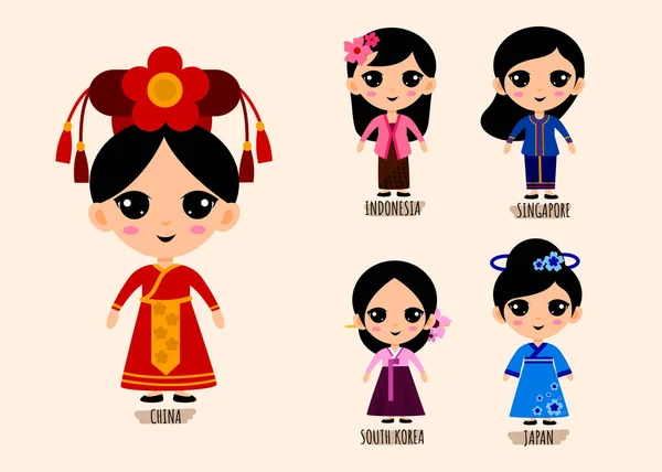 Ensemble Personnes Dans Des Personnages Dessins Animés Vêtements Asiatiques Traditionnels — Image vectorielle