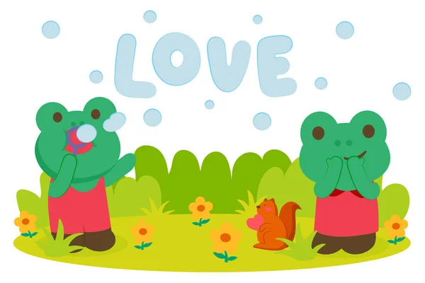 カップルカエル吹いて石鹸泡で愛の言葉で空に公園 動物の漫画のキャラクター ベクトルイラスト — ストックベクタ