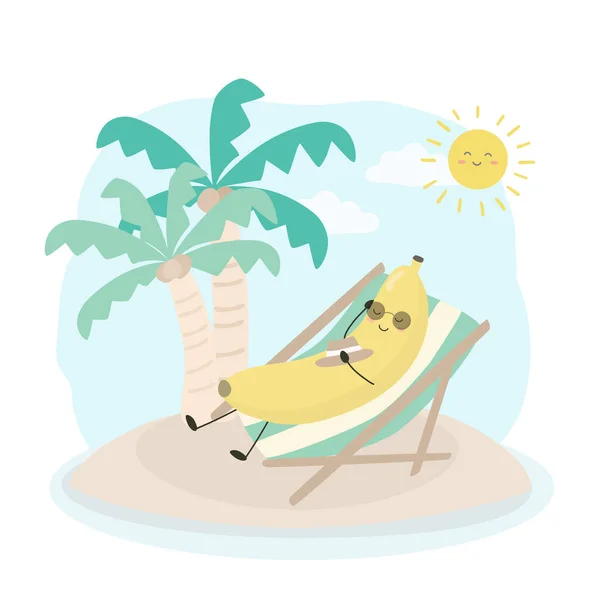 Banana Wearing Sunglasses Lie Beach Chairs Sunbathing Summer Holidays Hand — 图库矢量图片