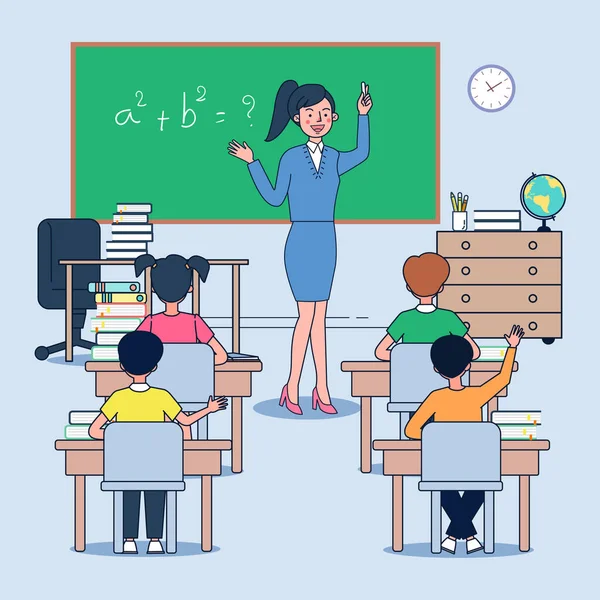 Cartoon Teachers Concept Female Teacher Standing Teach Math School Chalkboard — Image vectorielle