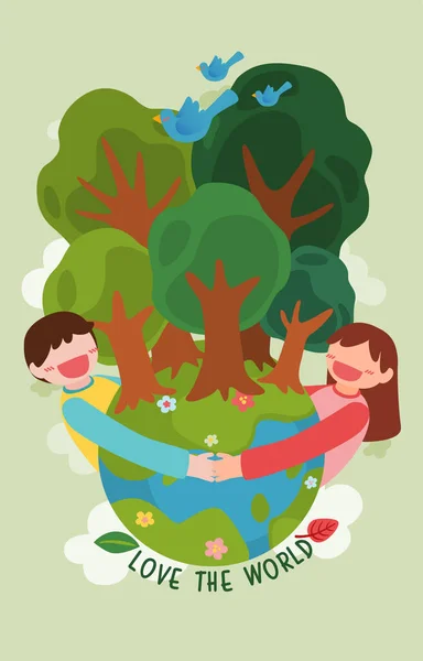 Earth Day Concept Smiling Man Woman Hugging Trees Forest Blissful — Stock Vector