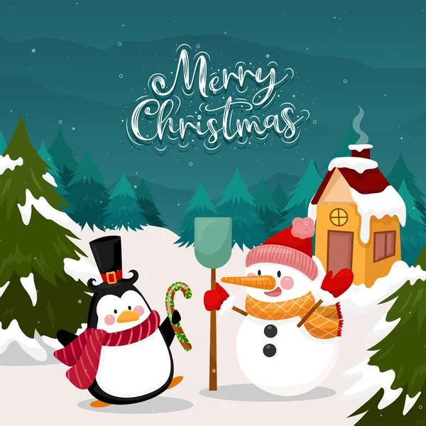 圣诞快乐卡上有企鹅和雪人背景的雪和松树 — 图库矢量图片