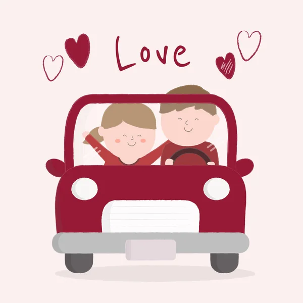 Personagem Dois Casal Bonito Dirigindo Carro Com Fundo Coração Amor — Vetor de Stock